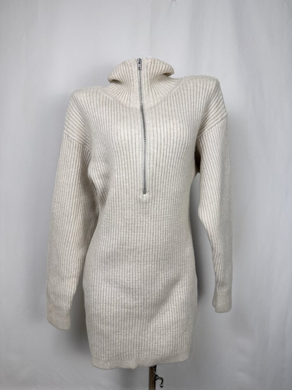 H&M Rib-Knit Dress Half-Zip in Light Beige Melange Size Medium